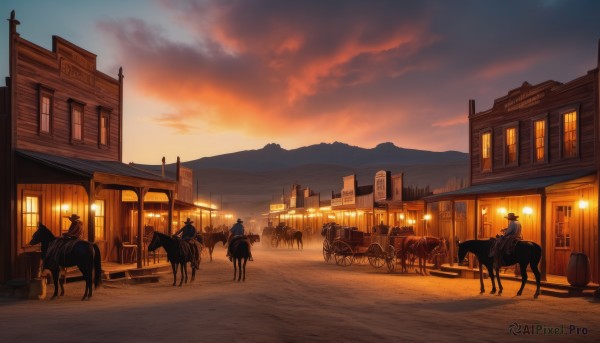 outdoors,multiple boys,sky,cloud,no humans,window,animal,cloudy sky,ground vehicle,building,scenery,motor vehicle,sunset,mountain,city,road,riding,house,horse,twilight,evening,orange sky,dusk,horseback riding,hat,blue sky,door,multiple others,lamppost,street,ambiguous gender,town,people