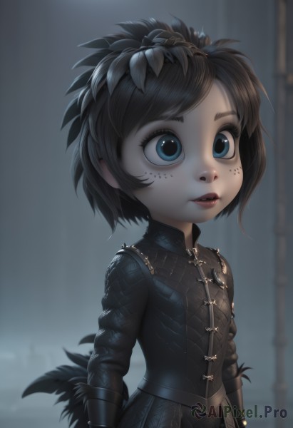 1girl,solo,short hair,blue eyes,brown hair,black hair,hair ornament,long sleeves,closed mouth,upper body,armor,blurry,flat chest,lips,makeup,blurry background,feathers,looking up,child,freckles,red lips,female child,looking at viewer,bangs,dress,parted lips,teeth,black dress,facial mark,lipstick,pale skin,facepaint,gothic