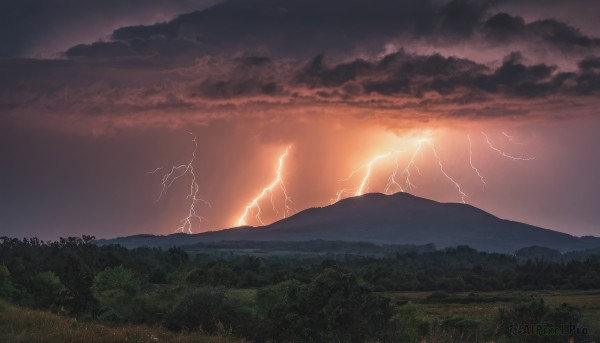 outdoors,sky,cloud,tree,no humans,cloudy sky,grass,nature,scenery,forest,sunset,mountain,electricity,lightning,landscape,mountainous horizon,hill,red sky,night,horizon,dark