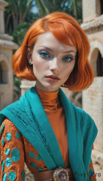 1girl,solo,looking at viewer,short hair,bangs,blue eyes,shirt,jewelry,closed mouth,green eyes,upper body,earrings,outdoors,parted lips,day,belt,orange hair,mole,blurry,lips,eyelashes,mole under eye,makeup,blurry background,turtleneck,lipstick,eyeshadow,freckles,nose,orange shirt,mascara,orange sweater,dress,red hair,artist name,bob cut,realistic