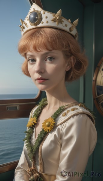 1girl,solo,breasts,looking at viewer,short hair,bangs,brown hair,shirt,long sleeves,hat,dress,brown eyes,closed mouth,white shirt,upper body,flower,small breasts,sky,day,water,bra,black eyes,lips,grey eyes,window,ocean,crown,freckles,curly hair,realistic,nose,sunflower,watercraft,steampunk,blonde hair,collarbone