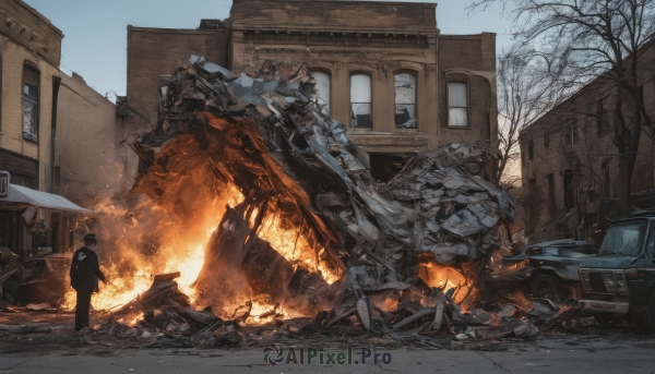 1boy,standing,weapon,outdoors,sky,day,tree,gun,window,fire,ground vehicle,building,scenery,motor vehicle,science fiction,car,ruins,house,bare tree,debris,broken glass,burning,destruction,rubble,truck,broken window,solo,male focus,robot,mecha,smoke,road,vehicle focus,damaged