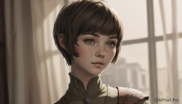 1girl,solo,looking at viewer,short hair,bangs,brown hair,brown eyes,closed mouth,indoors,armor,blurry,lips,dutch angle,window,blurry background,bob cut,portrait,freckles,realistic,nose,blush,parted lips,eyelashes,curtains