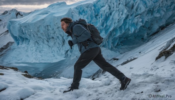 solo,short hair,brown hair,black hair,gloves,long sleeves,1boy,jacket,male focus,outdoors,sky,shoes,black gloves,pants,cloud,hood,bag,black footwear,from side,coat,facial hair,black pants,backpack,hood down,cloudy sky,blue jacket,sneakers,scenery,beard,snow,walking,running,ice,rock,mountain,winter clothes,winter,hooded jacket,realistic