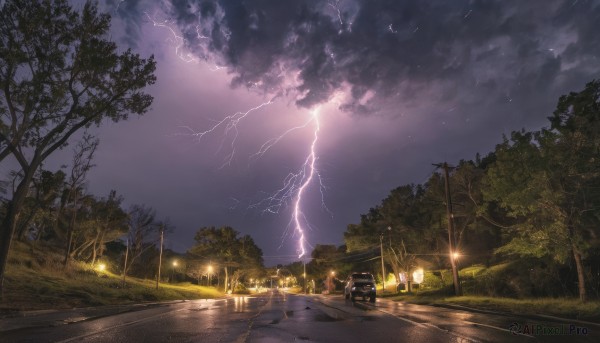 outdoors,sky,cloud,tree,no humans,night,cloudy sky,grass,ground vehicle,nature,night sky,scenery,motor vehicle,forest,fence,electricity,car,road,bench,power lines,lamppost,street,lightning,park,fire,star (sky),starry sky