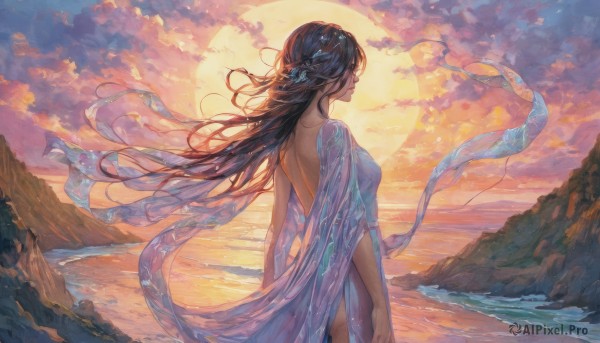 1girl,solo,long hair,breasts,brown hair,black hair,hair ornament,dress,bare shoulders,standing,closed eyes,outdoors,sky,cloud,water,from behind,see-through,dutch angle,strapless,profile,floating hair,blue dress,ocean,back,beach,moon,cloudy sky,wind,sunset,shawl,rock,mountain,backless outfit,arms at sides,sun,horizon,bare back,backless dress,twilight,waves,mountainous horizon,purple sky,medium breasts,closed mouth,braid