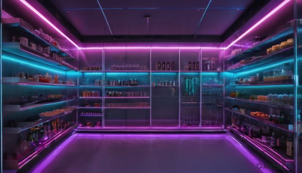 food,indoors,cup,no humans,night,bottle,scenery,alcohol,drinking glass,light,stool,shelf,wine bottle,shop,ceiling,bar (place),counter,ceiling light,tiles,lights,neon lights