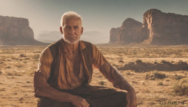 solo,smile,shirt,1boy,sitting,closed mouth,closed eyes,white hair,short sleeves,male focus,outdoors,sky,day,pants,facial hair,scar,suspenders,beard,realistic,sand,old,dirty,old man,desert,short hair,bandages,backpack,scenery,facing viewer,scar on face,rock,mountain,brown shirt,wrinkled skin