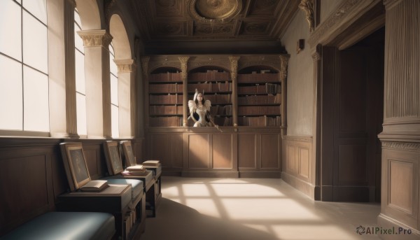 1girl,solo,long hair,blonde hair,long sleeves,dress,sitting,white hair,day,indoors,white dress,book,window,shadow,chair,table,sunlight,scenery,light rays,open book,bookshelf,wide shot,book stack,library,1boy,male focus,desk,stairs,window shade