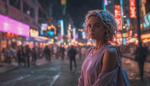 1girl, looking at viewer, short hair, upper body, outdoors, solo focus, dark skin, bag, blurry, dark-skinned female, lips, night, depth of field, blurry background, curly hair, city, realistic, road