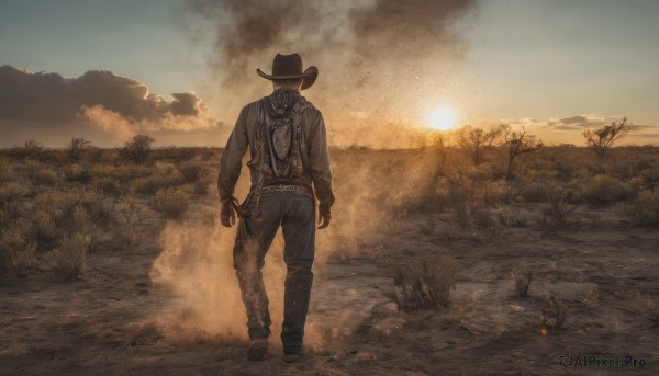 solo,gloves,long sleeves,1boy,hat,standing,jacket,full body,male focus,boots,outdoors,sky,belt,pants,cloud,fingerless gloves,from behind,black footwear,tree,gun,grass,nature,scenery,smoke,walking,sunset,mountain,sun,cowboy hat,desert,cowboy western,weapon,mask,cloudy sky,1other,monster,brown jacket,brown headwear,facing away,alien,ambiguous gender,sunrise