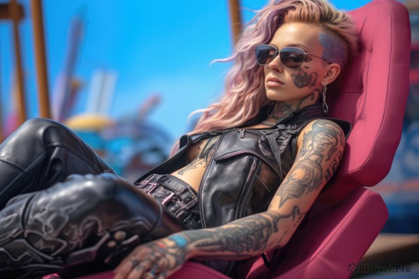 1girl,solo,long hair,breasts,looking at viewer,blonde hair,jewelry,sitting,closed mouth,jacket,earrings,small breasts,open clothes,sleeveless,day,midriff,belt,pants,blurry,vest,lips,tattoo,makeup,depth of field,blurry background,wavy hair,chair,black pants,piercing,sunglasses,ring,crossed legs,lipstick,buckle,asymmetrical hair,nose,arm tattoo,leather,shoulder tattoo,undercut,facial tattoo,reclining,leather jacket,mascara,aviator sunglasses,brown hair,flat chest,denim,ear piercing,leaning back,open vest,car interior,full-body tattoo