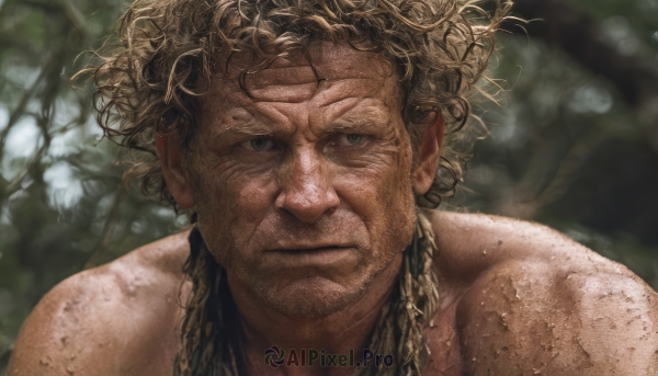 solo,looking at viewer,blue eyes,blonde hair,1boy,closed mouth,braid,male focus,blurry,blurry background,facial hair,messy hair,portrait,beard,curly hair,realistic,dirty,long hair,brown hair,outdoors,scar,nature,scar on face,close-up,freckles,serious,manly