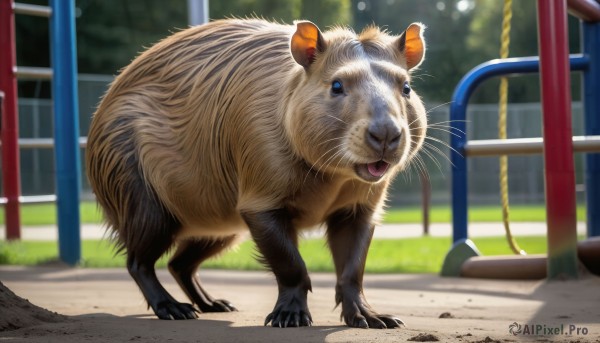 HQ,solo,open mouth,blue eyes,full body,outdoors,day,tongue,blurry,no humans,depth of field,blurry background,animal,grass,claws,realistic,animal focus,whiskers,looking at viewer,standing,mouse