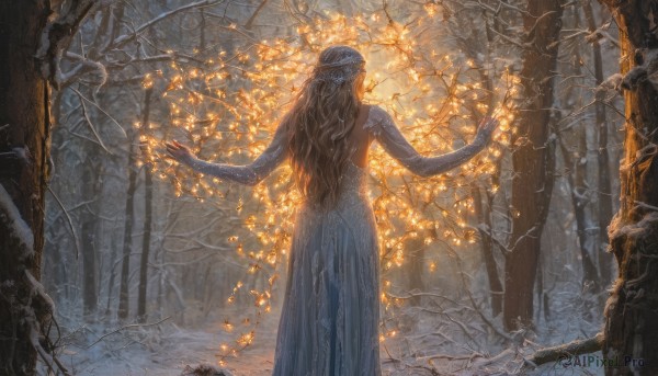 1girl,solo,long hair,brown hair,dress,standing,outdoors,from behind,white dress,tree,glowing,back,outstretched arms,nature,scenery,snow,forest,snowing,backless outfit,fantasy,facing away,backless dress,winter,bare tree,bare shoulders,pointy ears,artist name,branch,bare back