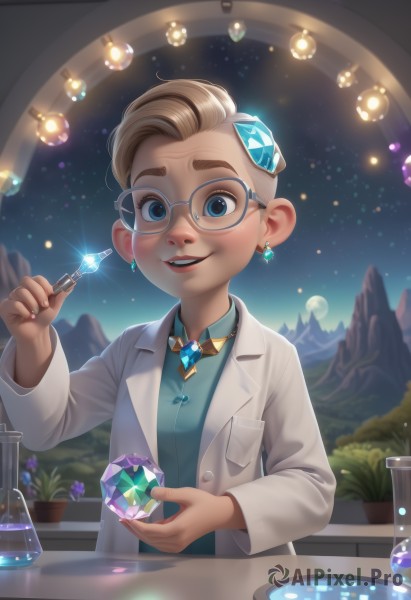 1girl,solo,looking at viewer,smile,short hair,blue eyes,blonde hair,shirt,long sleeves,holding,jewelry,upper body,earrings,parted lips,open clothes,sky,glasses,teeth,artist name,indoors,nail polish,lips,coat,sparkle,night,watermark,moon,aged down,blue shirt,plant,gem,child,star (sky),night sky,full moon,starry sky,freckles,crystal,glint,round eyewear,labcoat,white coat,test tube,flask,diamond (gemstone),open mouth,brown hair,hair ornament,1boy,flower,male focus,thick eyebrows,vial,potion