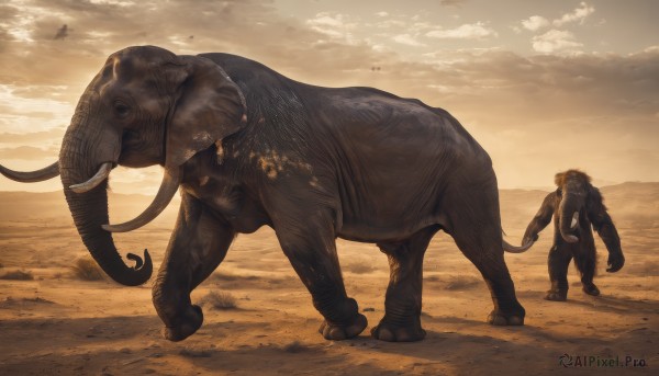 standing,outdoors,horns,sky,teeth,cloud,no humans,animal,cloudy sky,walking,monster,realistic,sand,size difference,giant,desert,dust,tusks,dinosaur,tail,pokemon (creature),brown theme,orange theme,elephant