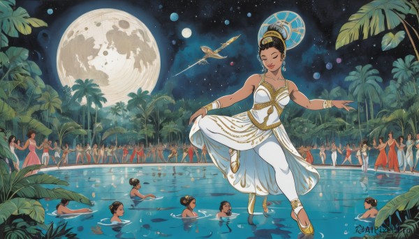 1girl,smile,short hair,multiple girls,black hair,hair ornament,dress,jewelry,standing,closed eyes,earrings,outdoors,multiple boys,sky,solo focus,pants,dark skin,water,hair bun,white dress,bracelet,dark-skinned female,tree,night,bird,6+girls,leaf,moon,single hair bun,standing on one leg,plant,star (sky),night sky,full moon,armlet,partially submerged,starry sky,6+boys,hoop earrings,anklet,palm tree,pool,dancing,leggings,shooting star,updo,breasts,cleavage,bare shoulders,collarbone,pantyhose,lips,sandals,facing viewer,giant,crowd,ballerina,ballet slippers,ballet