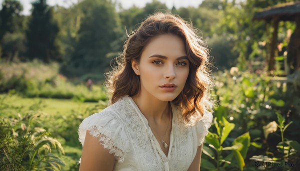 1girl,solo,long hair,looking at viewer,brown hair,shirt,dress,brown eyes,jewelry,white shirt,upper body,earrings,outdoors,parted lips,sleeveless,day,dark skin,necklace,blurry,dark-skinned female,tree,lips,depth of field,blurry background,wavy hair,plant,nature,lace trim,lace,curly hair,realistic,nose,flower,white dress,sunlight,pendant