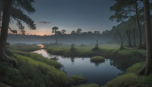 A landscape showcased in a tranquil sunset outdoors