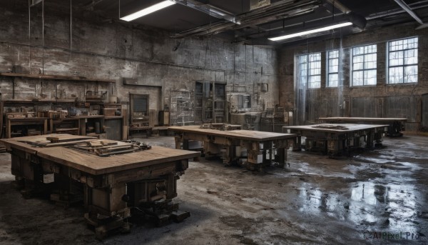 day,indoors,water,no humans,window,chair,table,sunlight,box,scenery,desk,reflection,wooden floor,door,lamp,ruins,stool,shelf,ceiling,ceiling light,cabinet