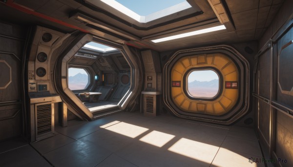 day,indoors,no humans,window,shadow,sunlight,scenery,reflection,science fiction,door,tiles,tile floor,spacecraft,cockpit,seat,sky,cloud,blue sky,robot,realistic