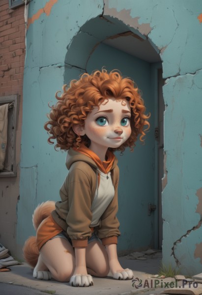 1girl,solo,looking at viewer,blush,smile,short hair,blue eyes,brown hair,animal ears,jacket,tail,full body,outdoors,shorts,barefoot,hood,orange hair,short shorts,kneeling,hoodie,thick eyebrows,hood down,messy hair,child,furry,freckles,curly hair,animal hands,door,furry female,wall,aqua eyes,lips,dog,dirty