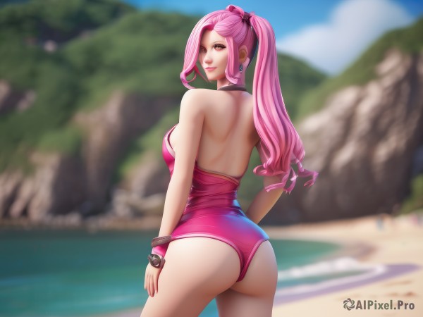 1girl,solo,long hair,breasts,looking at viewer,smile,bangs,hair ornament,bare shoulders,twintails,brown eyes,jewelry,medium breasts,closed mouth,standing,swimsuit,pink hair,ass,thighs,cowboy shot,earrings,outdoors,sky,choker,day,looking back,artist name,cloud,water,from behind,blurry,bracelet,lips,orange eyes,one-piece swimsuit,sideboob,makeup,depth of field,blurry background,ocean,back,beach,lipstick,rock,pink lips,nose,sand,casual one-piece swimsuit,pink one-piece swimsuit,yellow eyes,ponytail