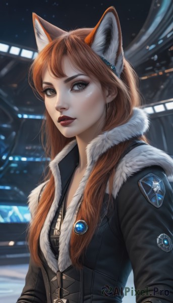 1girl,solo,long hair,looking at viewer,brown hair,animal ears,brown eyes,jewelry,jacket,upper body,cat ears,orange hair,lips,fur trim,fox ears,makeup,lipstick,corset,red lips,leather,breasts,bangs,red hair,parted lips,artist name,signature,necklace,eyelashes,freckles,fur collar,realistic,nose