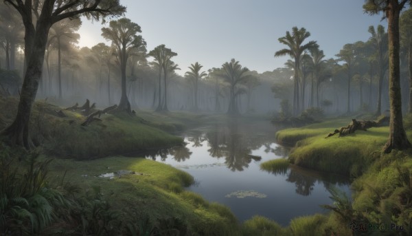 outdoors,lying,sky,day,signature,water,tree,no humans,grass,nature,scenery,forest,reflection,river,landscape,lake,sunlight,plant,fantasy,reflective water