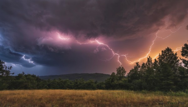 A tranquil sunset outdoors showcasing a lightning
