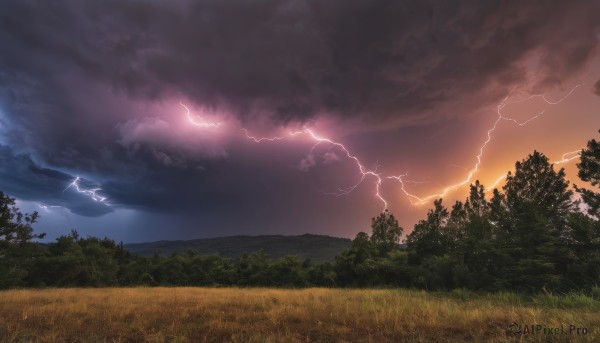 outdoors,sky,cloud,tree,no humans,cloudy sky,grass,nature,scenery,forest,sunset,mountain,electricity,lightning,landscape,horizon,field