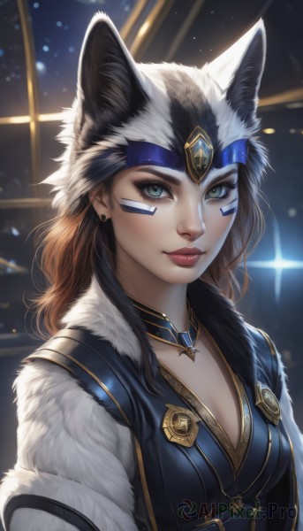 1girl,solo,long hair,breasts,looking at viewer,smile,blue eyes,brown hair,black hair,animal ears,cleavage,jewelry,medium breasts,closed mouth,green eyes,upper body,multicolored hair,earrings,artist name,signature,lips,fur trim,makeup,facial mark,nose,facepaint,fur,forehead protector,alternate costume,choker,necklace,eyelashes,lipstick,realistic,headdress