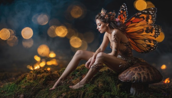 1girl,solo,long hair,breasts,black hair,hair ornament,jewelry,sitting,closed eyes,nude,wings,barefoot,nail polish,blurry,makeup,depth of field,bug,realistic,fairy,giant,giantess,bokeh,butterfly wings,dress,cleavage,medium breasts,earrings,from side,lips,grass,fantasy,mushroom