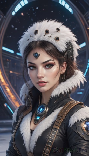 1girl,solo,long hair,breasts,looking at viewer,brown hair,hat,brown eyes,jewelry,upper body,earrings,parted lips,artist name,mole,blurry,lips,coat,fur trim,eyelashes,mole under eye,makeup,blurry background,lipstick,gem,eyeshadow,freckles,fur collar,nose,eyeliner,forehead jewel,fur hat,ushanka,short hair,black hair,jacket,teeth,signature,headgear,realistic