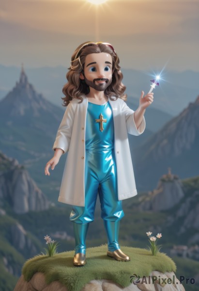 1girl,solo,long hair,smile,open mouth,blue eyes,brown hair,1boy,jewelry,standing,full body,flower,male focus,outdoors,open clothes,teeth,necklace,blurry,coat,blurry background,facial hair,brown footwear,grass,cross,child,beard,rock,mountain,glint,mustache,labcoat,sun,:d,hairband,boots,sky,cloud,sparkle,curly hair,dandelion