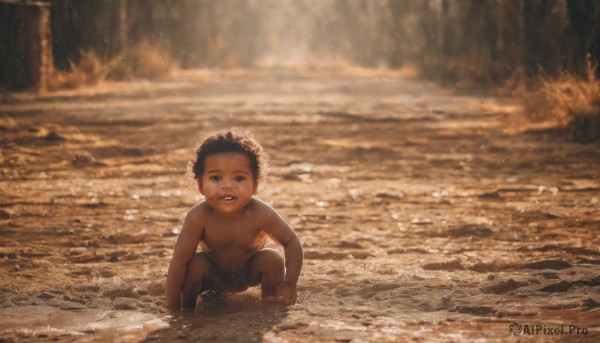 solo,looking at viewer,smile,black hair,1boy,nipples,male focus,nude,outdoors,dark skin,water,grin,black eyes,wet,beach,dark-skinned male,fire,child,topless male,realistic,sand,male child,short hair,open mouth,full body,teeth,blurry,ocean,squatting,partially submerged,very short hair,sepia,male swimwear,waves,baby,brown theme