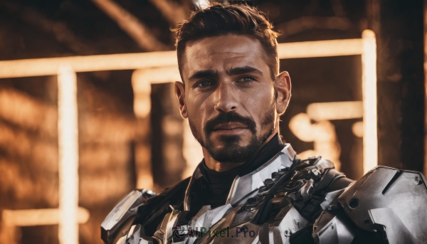 solo,looking at viewer,short hair,brown hair,black hair,1boy,brown eyes,closed mouth,upper body,male focus,dark skin,armor,blurry,black eyes,blurry background,facial hair,dark-skinned male,portrait,beard,science fiction,realistic,mustache,manly,animification,undercut,cyborg,scar,thick eyebrows,very short hair,power armor