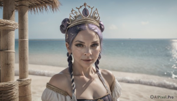 1girl,solo,long hair,breasts,looking at viewer,smile,black hair,dress,cleavage,bare shoulders,brown eyes,jewelry,medium breasts,closed mouth,collarbone,upper body,purple hair,braid,earrings,outdoors,sky,day,water,hair bun,twin braids,lips,double bun,ocean,beach,tiara,crown,realistic,sand,pillar,tree,sunlight,portrait,horizon