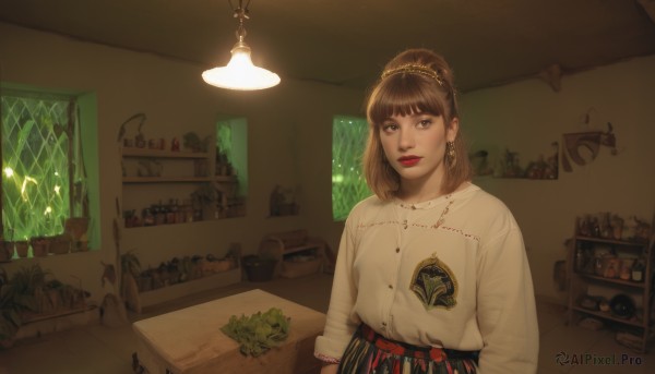 1girl,solo,looking at viewer,bangs,skirt,brown hair,shirt,long sleeves,brown eyes,jewelry,closed mouth,white shirt,upper body,earrings,belt,indoors,blunt bangs,medium hair,necklace,lips,window,makeup,table,bottle,plant,lipstick,realistic,red lips,potted plant,lamp,shelf,jar,parted lips,scenery,cabinet