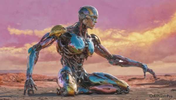 solo, outdoors, sky, cloud, kneeling, robot, science fiction, sunset, realistic, one knee, desert, humanoid robot