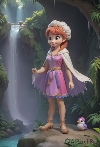 1girl,solo,breasts,smile,short hair,open mouth,brown hair,dress,holding,standing,full body,small breasts,outdoors,teeth,water,cape,orange hair,tree,bird,brown footwear,pink dress,nature,purple dress,forest,white cape,river,waterfall,blue eyes,hat,red hair,boots,black eyes,high heels,lips,duck