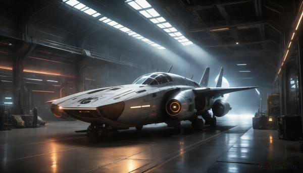 HQ,indoors,signature,military,no humans,window,robot,scenery,reflection,science fiction,light rays,realistic,aircraft,military vehicle,airplane,light,vehicle focus,spacecraft,hallway,lights,jet,cockpit,fighter jet,1boy,mecha