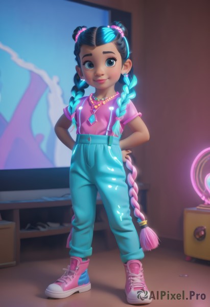 1girl,solo,long hair,looking at viewer,smile,bangs,blue eyes,shirt,black hair,hair ornament,twintails,jewelry,very long hair,closed mouth,blue hair,standing,full body,braid,short sleeves,multicolored hair,earrings,shoes,pants,indoors,dark skin,necklace,blurry,twin braids,two-tone hair,dark-skinned female,blurry background,arms behind back,suspenders,aged down,t-shirt,sneakers,instrument,child,pink shirt,hands on hips,pink footwear,blue pants,female child,multi-tied hair,multiple braids,breasts,small breasts,alternate costume,artist name,hair bun,lips,aqua hair,gradient hair,denim,jeans,overalls