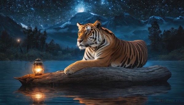 outdoors, sky, water, tree, no humans, night, animal, moon, star (sky), nature, night sky, scenery, full moon, forest, starry sky, reflection, lantern, mountain, watercraft, boat, tiger, lake