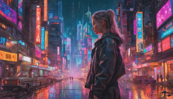 1girl, solo, long hair, jacket, ponytail, pink hair, outdoors, hood, night, hood down, ground vehicle, building, scenery, motor vehicle, reflection, rain, city, sign, realistic, car, road, street, city lights, cyberpunk, neon lights