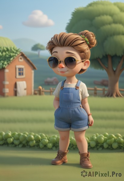 1girl,solo,looking at viewer,smile,short hair,brown hair,shirt,hair ornament,brown eyes,closed mouth,standing,full body,white shirt,short sleeves,boots,outdoors,sky,shoes,glasses,day,artist name,cloud,hair bun,blurry,tree,blue sky,lips,blurry background,watermark,brown footwear,single hair bun,sunglasses,grass,denim,t-shirt,child,arm behind back,watch,hand in pocket,fence,round eyewear,female child,wristwatch,overalls,house,yellow-framed eyewear,blue overalls,overall shorts,holding,jewelry,chibi,bracelet,depth of field,tinted eyewear