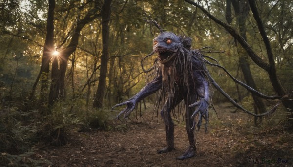 solo,open mouth,red eyes,standing,outdoors,teeth,tree,no humans,glowing,sunlight,sharp teeth,nature,glowing eyes,claws,forest,monster,antennae,extra eyes,alien,horror (theme),creature