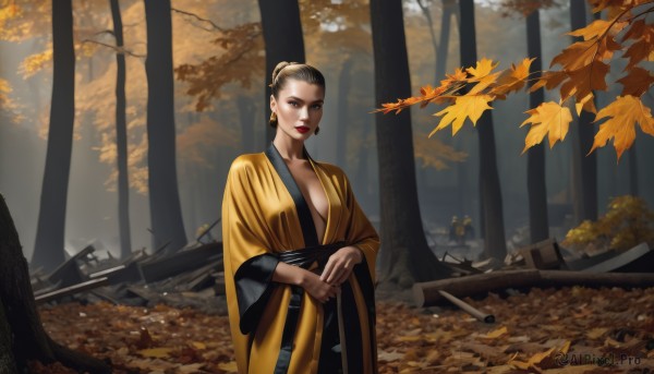 1girl,solo,breasts,looking at viewer,large breasts,brown hair,black hair,long sleeves,cleavage,brown eyes,jewelry,medium breasts,closed mouth,standing,collarbone,weapon,earrings,outdoors,japanese clothes,day,sword,wide sleeves,kimono,hair bun,black eyes,tree,lips,sash,makeup,leaf,sunlight,single hair bun,lipstick,sheath,nature,forest,sheathed,red lips,autumn leaves,maple leaf,hair pulled back,autumn,falling leaves,updo,blue eyes,holding,belt,signature,own hands together,scenery,realistic