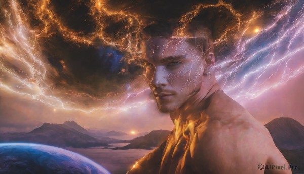 solo,black hair,1boy,upper body,male focus,sky,cloud,facial hair,fire,beard,science fiction,mountain,realistic,electricity,planet,lightning,alien,earth (planet),molten rock,looking at viewer,short hair,brown hair,closed mouth